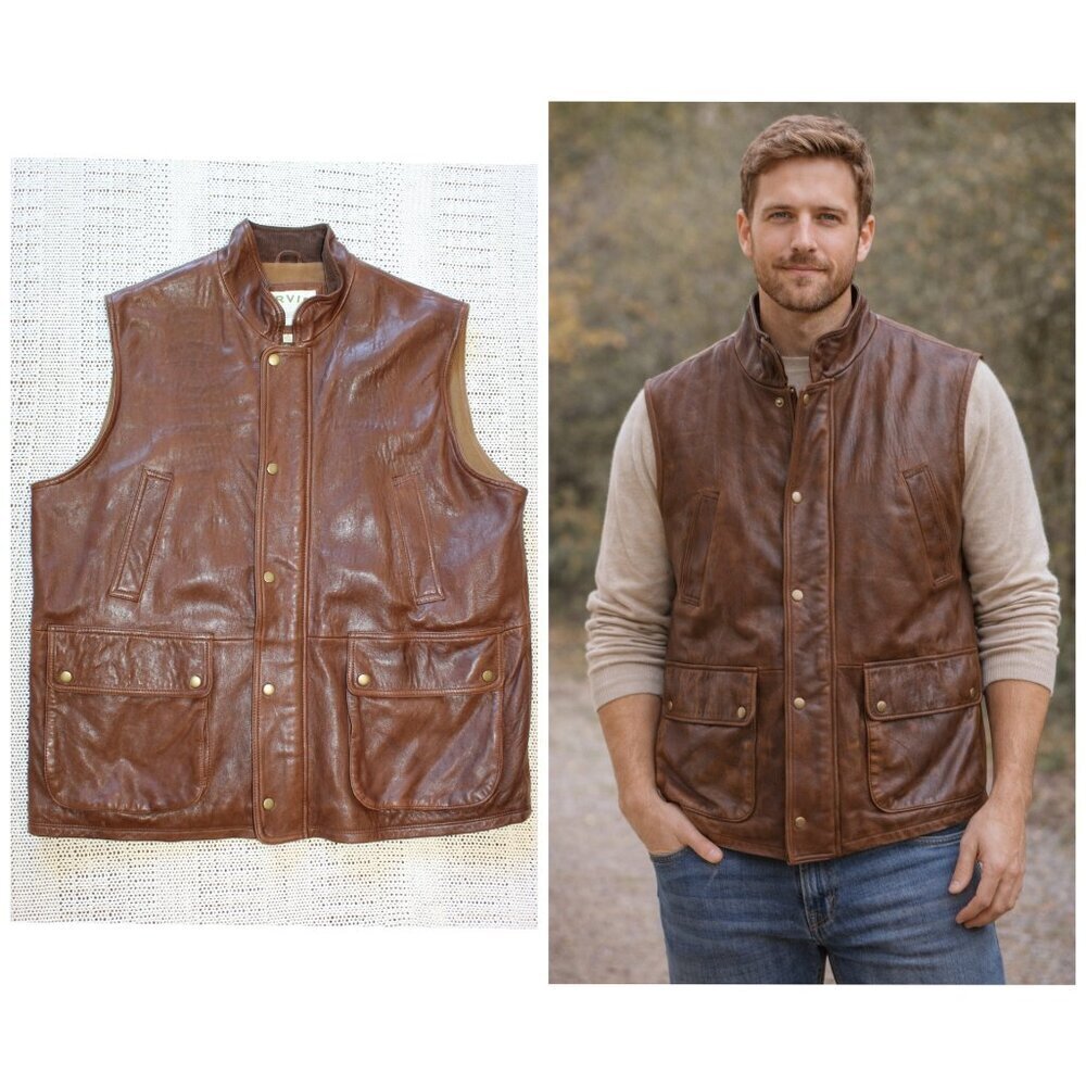 VTG ORVIS Munitions Brown soft supple grained leather Men Vest Zip & Snaps Large